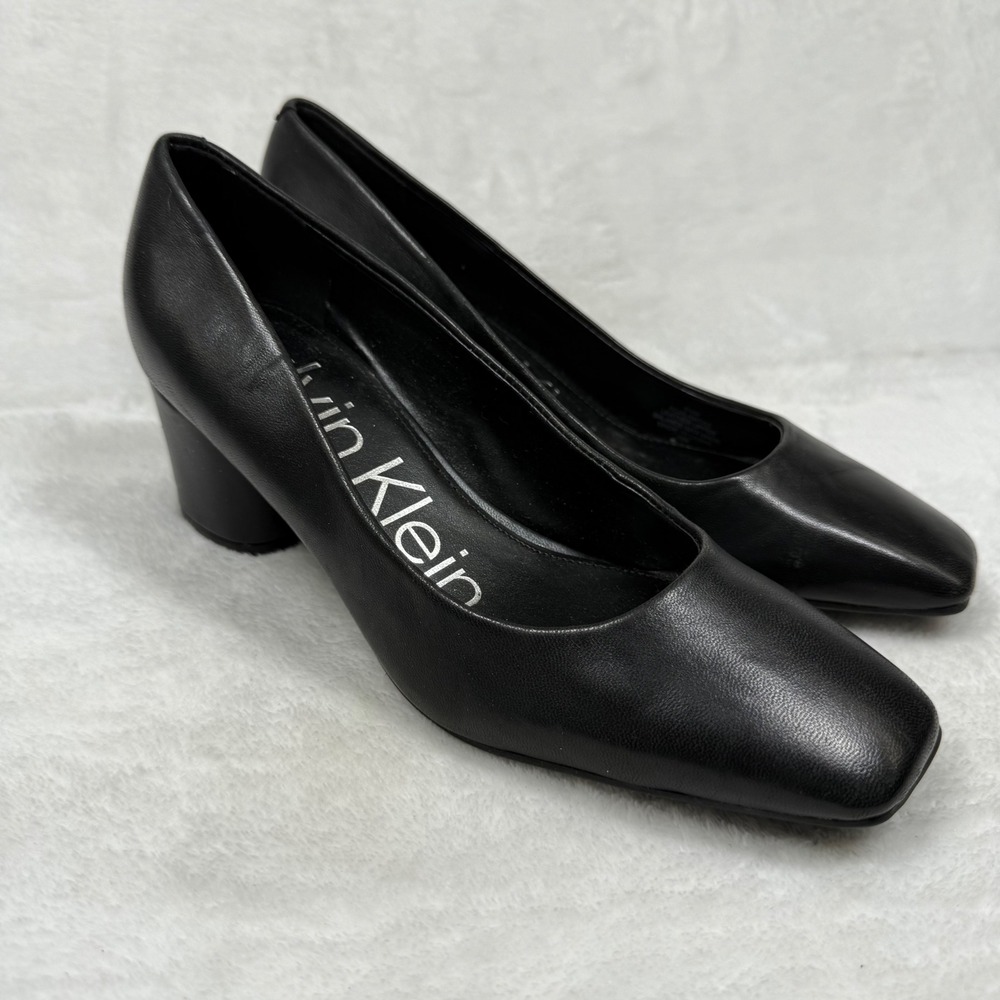 Calvin Klein Kcalanta2 Black Leather Square Toe Block Heel Pumps Women's Size 6M